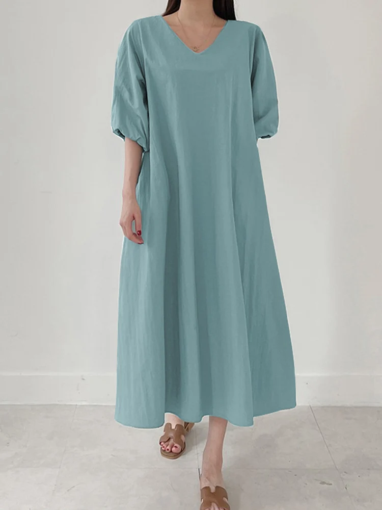 

Fashion Women Vintage Puff Sleeve Dress 2022 Summer Loose V Neck Holiday Sundress Casual Midi Dress Oversized A line Robe Femme