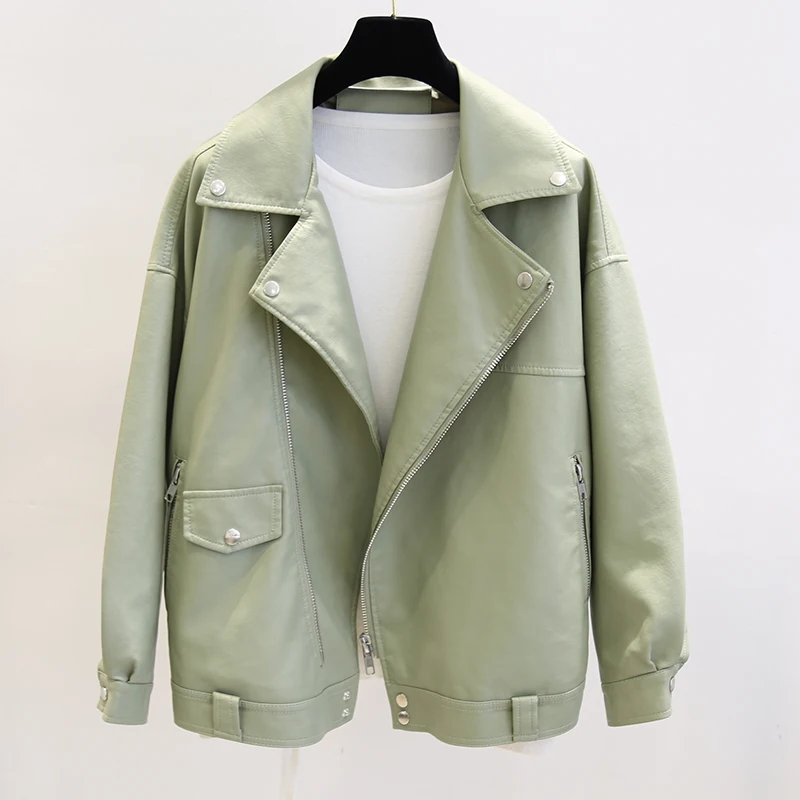 

New Spring Faux Leather Pu Jacket Women Loose BF Coat Female Turndown Collar Moto Biker Rivet Zipper Vintage Street Jacket
