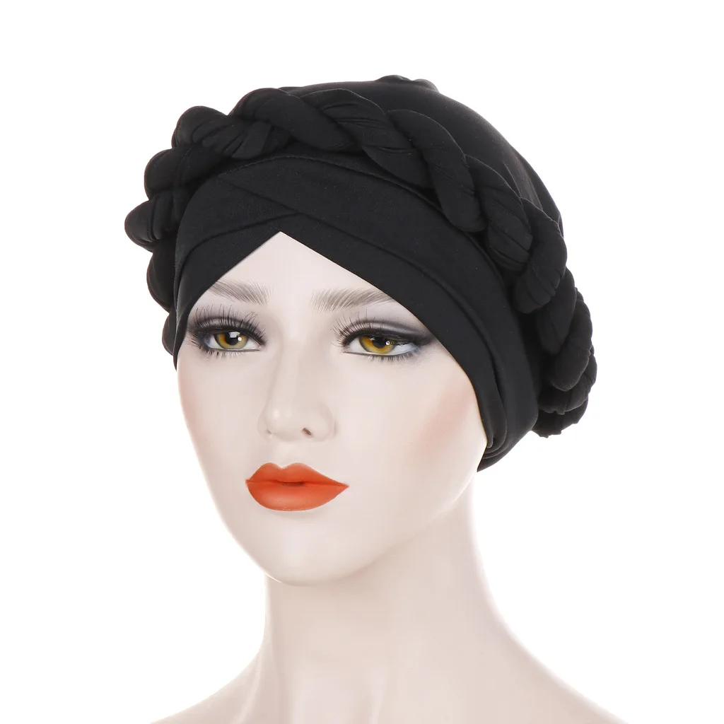 

New Turban Hats for women Dough Twist Solid Braid silky Hijab Headwrap caps Pre tied Chemo Beanies Headwear for Cancer