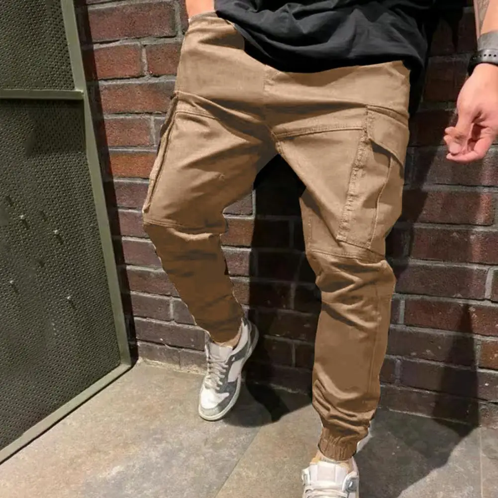 

Long Pants Solid Color Men Pants Relaxed Fit Mid-rise Cargo Pants