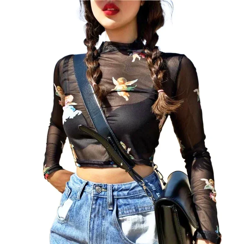 Сексуальная женская футболка с ангелом модная прозрачный сетчатый топ длинными