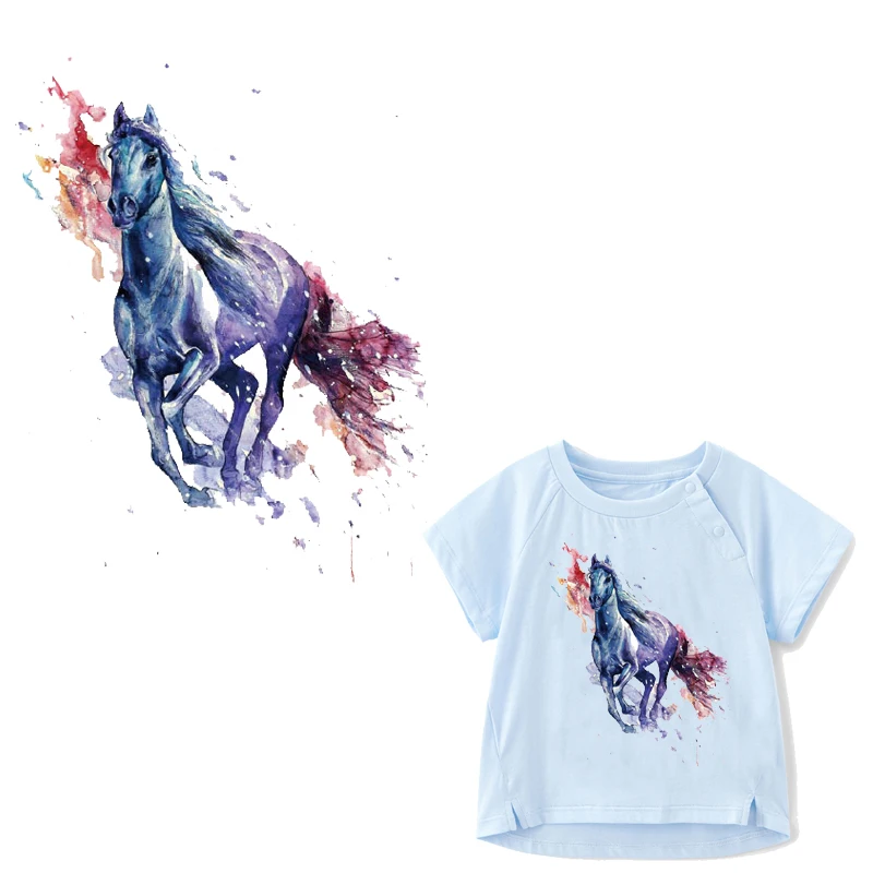 

Heat Transfer Vinyl Iron on Parches for Clothing DIY T-shirt Applique Washable Stickers on Clothes Press Watercolor Horse Patch