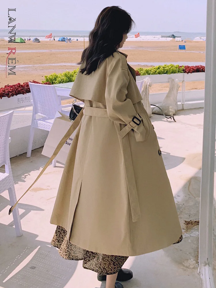 

LANMREM Classic Trench Coat Women Lapel Double Breasted Khaki Color Mid Length Windbreaker Belt Coat Female Fashion 2DA1792