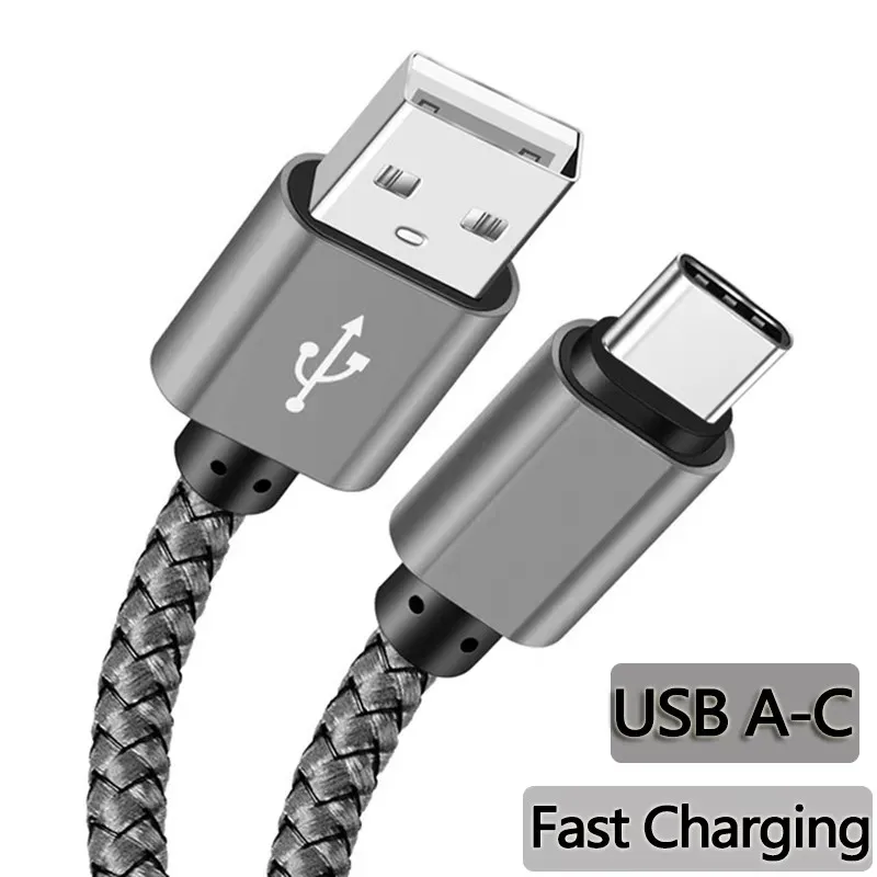 Фото Нейлоновый плетеный USB-кабель Type-C для быстрой зарядки, зарядный кабель USB A-C для Samsung S24, Xiaomi, Huawei, телефонов Android, 1 м, 2 м, 3 м №1