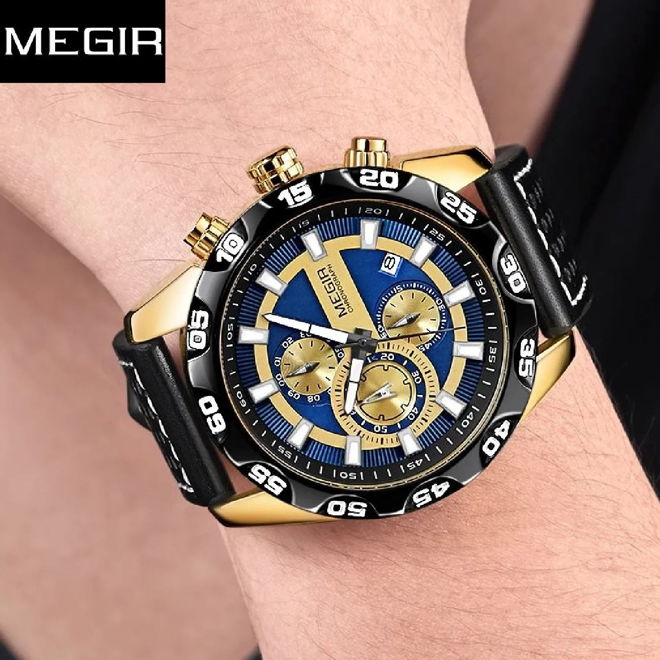 

Megir Mens Top Brand Luxury Chronograph Sport Quartz Watch Male Clock Leather Wristwatch Calendar Relogio Masculino Reloj Hombre