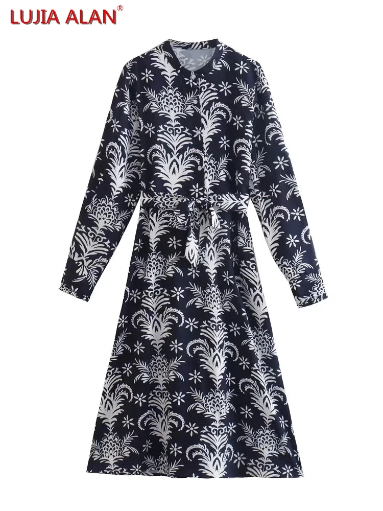 

Women Vintage Flower Printing Sashes Shirt Dress Summer Female Long Sleeve Loose Midi Vestidos LUJIA ALAN WD069