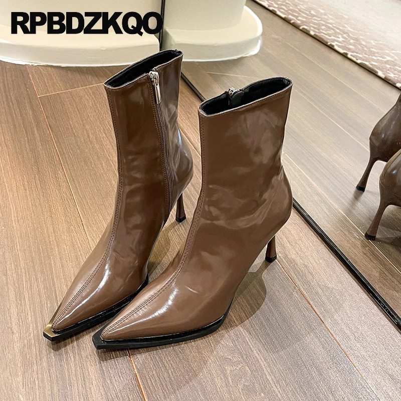

Italian High Heels Ankle Winter Short Brown Pointy Toe Fur Lined Women Stiletto Pumps Fall Shoes Sexy Side Zip Patent Leather