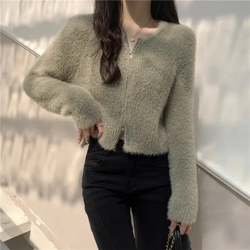 Облегающий короткий кардиган на молнии свитер для женщин весна-осень новый стиль