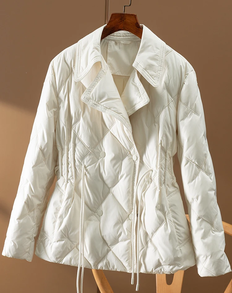 Spring 2023 Thin 90%  White Duck Down  Jacket Women  Preppy Style  Covered Button  Slim  Adjustable Waist  Coat Women