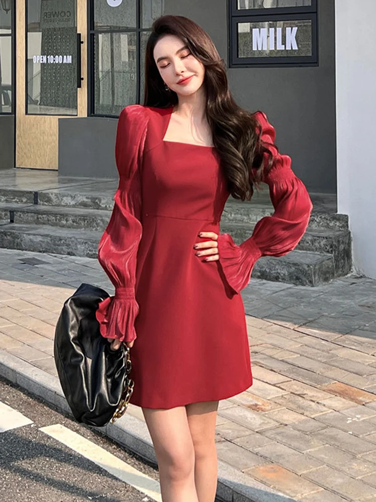 

Fashion elegant dress for women 2022 Square Collar Puff Sleeve Mini Party Casual Sexy Street Clothes Slim vestidos Female Dress