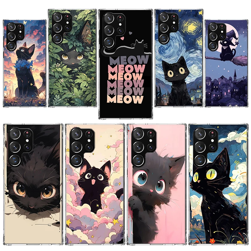 Чехол для телефона Anime Cute Black Cat Meow Samsung Galaxy S25 S24 Ultra S23 S22 S20 FE S10 Plus S9 + Lite с мягким