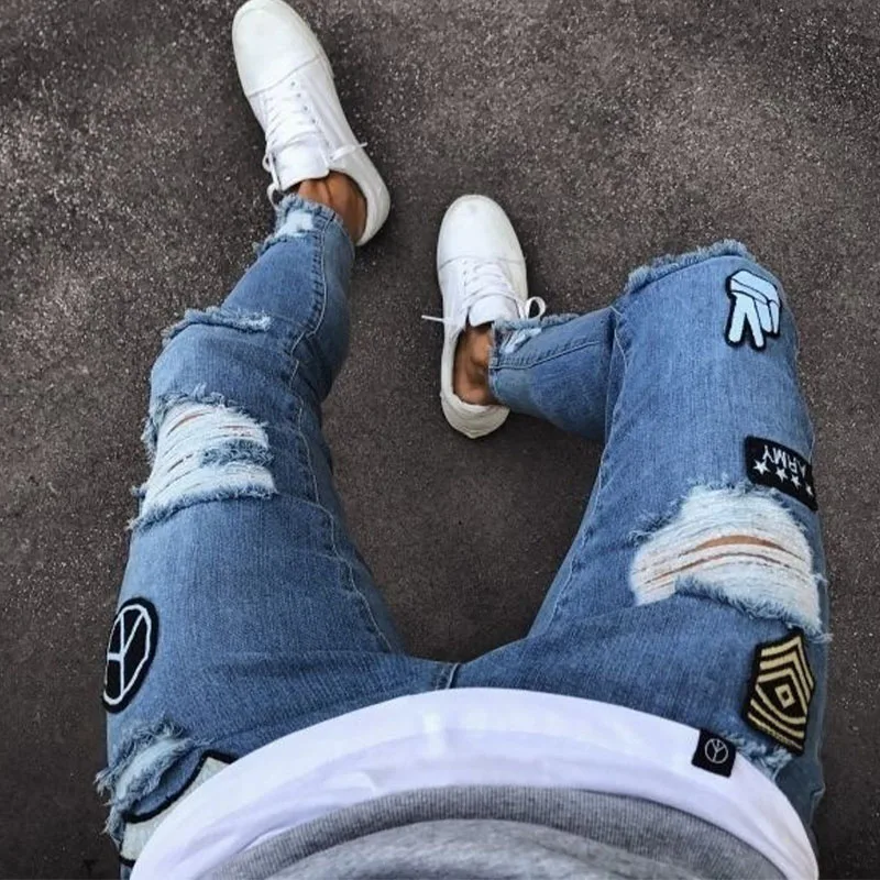 Men's Jeans Stretchy Ripped Skinny Biker Embroidery Cartoon Print Jeans Fashion Personality High Quality Jean Y2K Homme