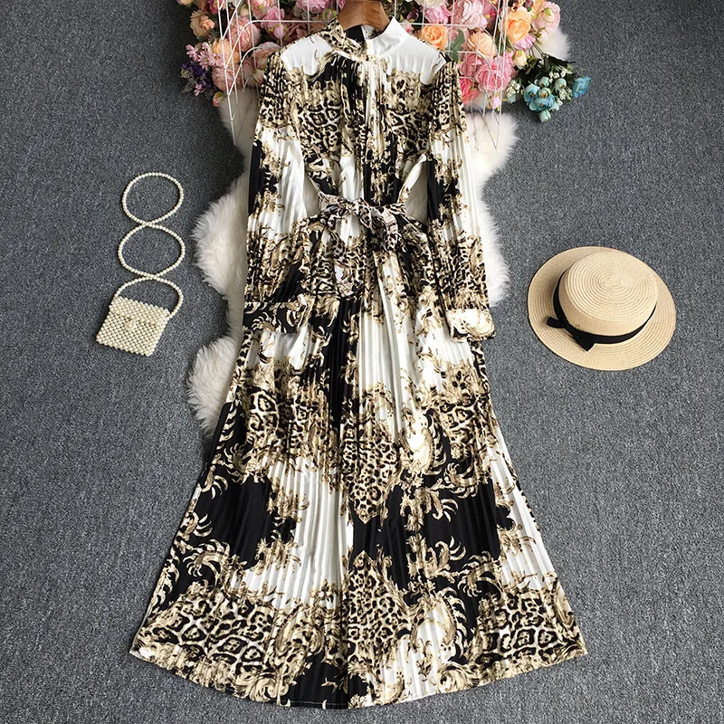 

Floral Print Vintage Stand Collar Long Sleeve Pleated Dress Women Boho Basics Elegant Birthday Long Maxi Wedding Dresses Robe