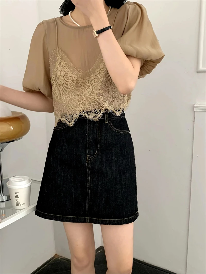 Корейская шикарная летняя имитация двух частей Лоскутная кружевная подтяжка