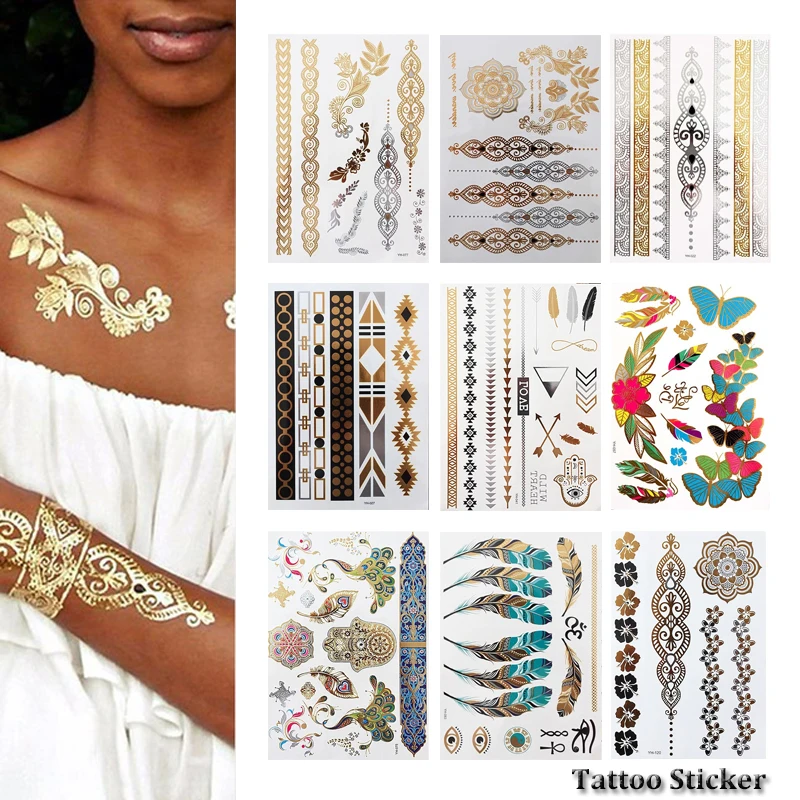 

Бесплатная доставка, женская светящаяся металлическая водостойкая временная татуировка, Золотая, серебряная, блестящая, Цветочная татуиро...