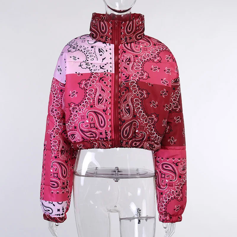 Color Block Multicolor Printing Fashion Seven Points Fluffy Jacket  Winter Women's Thickened Stand-up Collar Padded Jacket Women