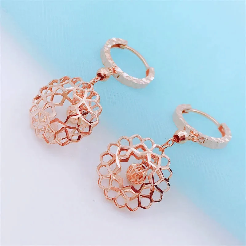 

585 purple gold delicate hollow flower earrings for women14K rose gold bead pendant ear buckle court style wedding jewelry
