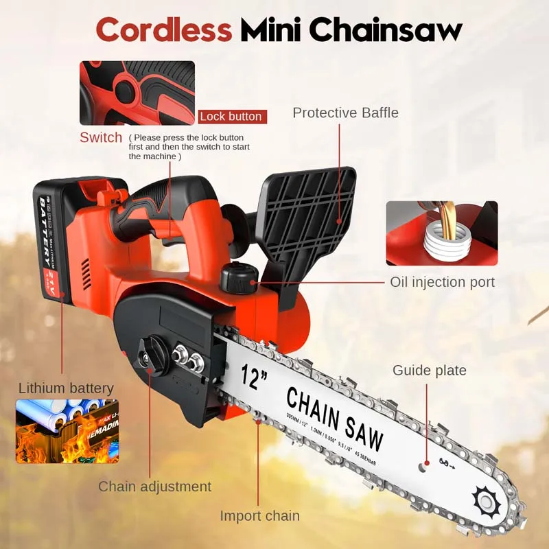Electric Chain Saw Set Cordless Brushless Wood Cutting Saw Chainsaw 12 in Chainsaw with Battery and Charger Double Chain 900W