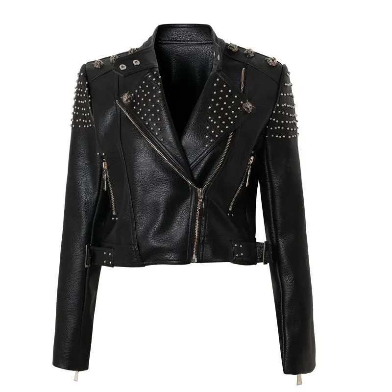 Ladies spring and autumn new street rock punk style tiger head print tiger head metal heavy industry rivet short leather jacket