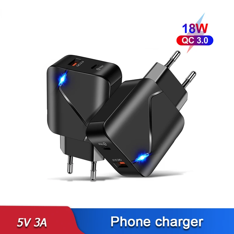 

5V 3A PD Fast Charger 2 Port Phone Charging LED Lighting Usb Type C Adapter for Iphone 11 12 13 Pro Max Samsung Xiaomi Apple
