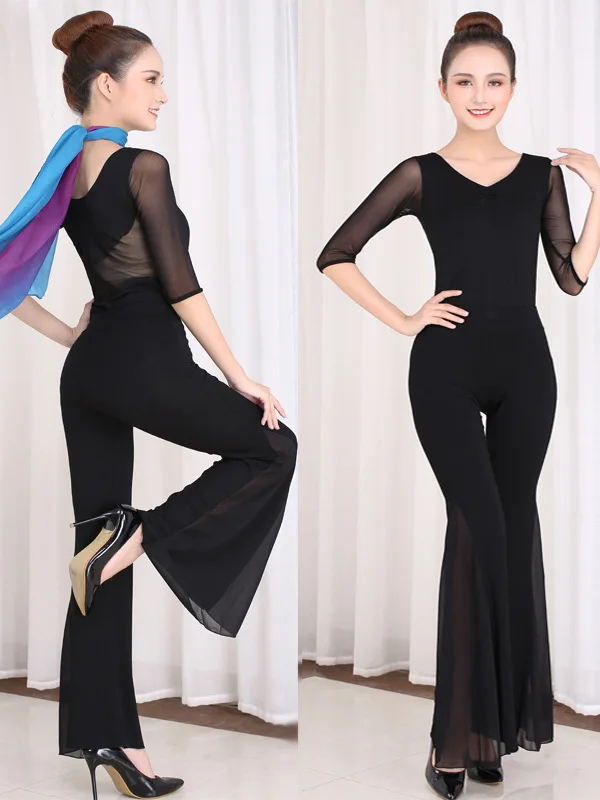 

Elegant Mesh Patchwork Dance Shapesuit Party Women 2023 Luxury 2pcs Suit Solid Color Classical Cabaret Costume Long Evening Pant