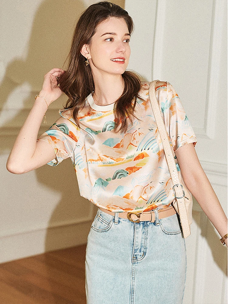 

T-shirts for Women Vintage Satin Tops for Women Short Sleeves Loose Office Lady Shirts Summer Korean Fashion Silk