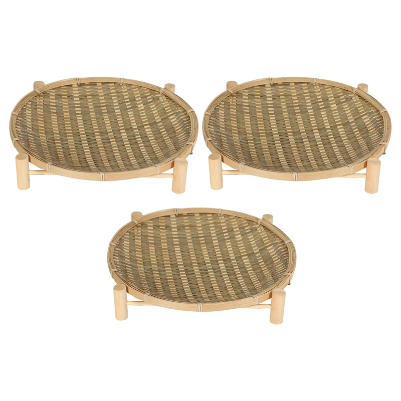 

3X Handmade Woven Bamboo Fruit Basket Food Bread Organizer Kitchen Storage Decorative Round Plate With Bracket