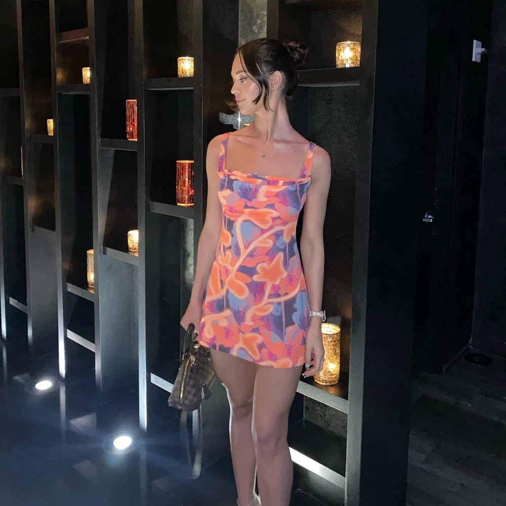 

Combhasaki Women Sleeveless Dress Flower Print Wide Shoulder Strap Square Neck Mini Summer Short Cocktail Party Club Short Dress