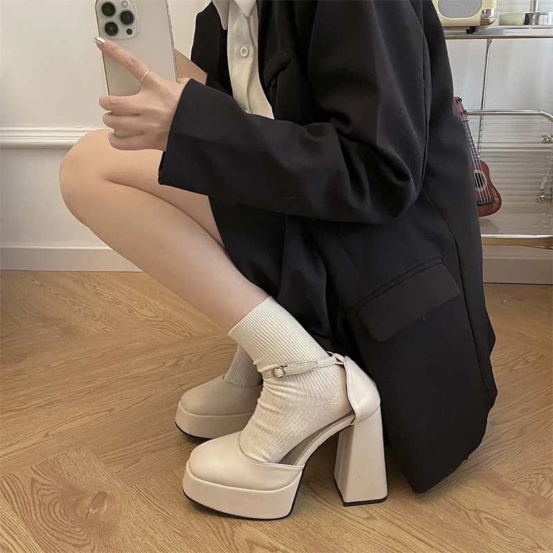

White Round Toe High Heel Shoes Pumps for Women Spring New Heeled Sandals Platform Mary Jane Heels Wedding Party Ladies Shoes