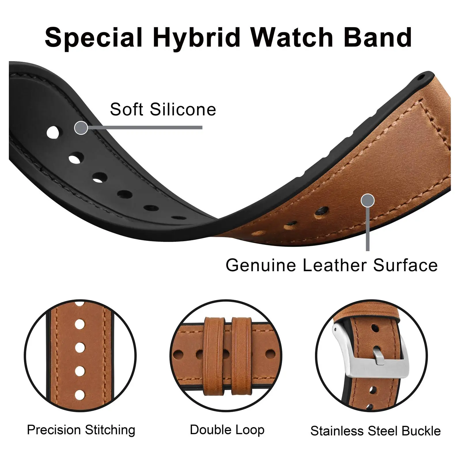 Anbeer Genuine Leather Silicone Watchstrap 20mm 22mm Watchband Bracelet Replacement Watch Straps For Men Stainless Steel Buckle