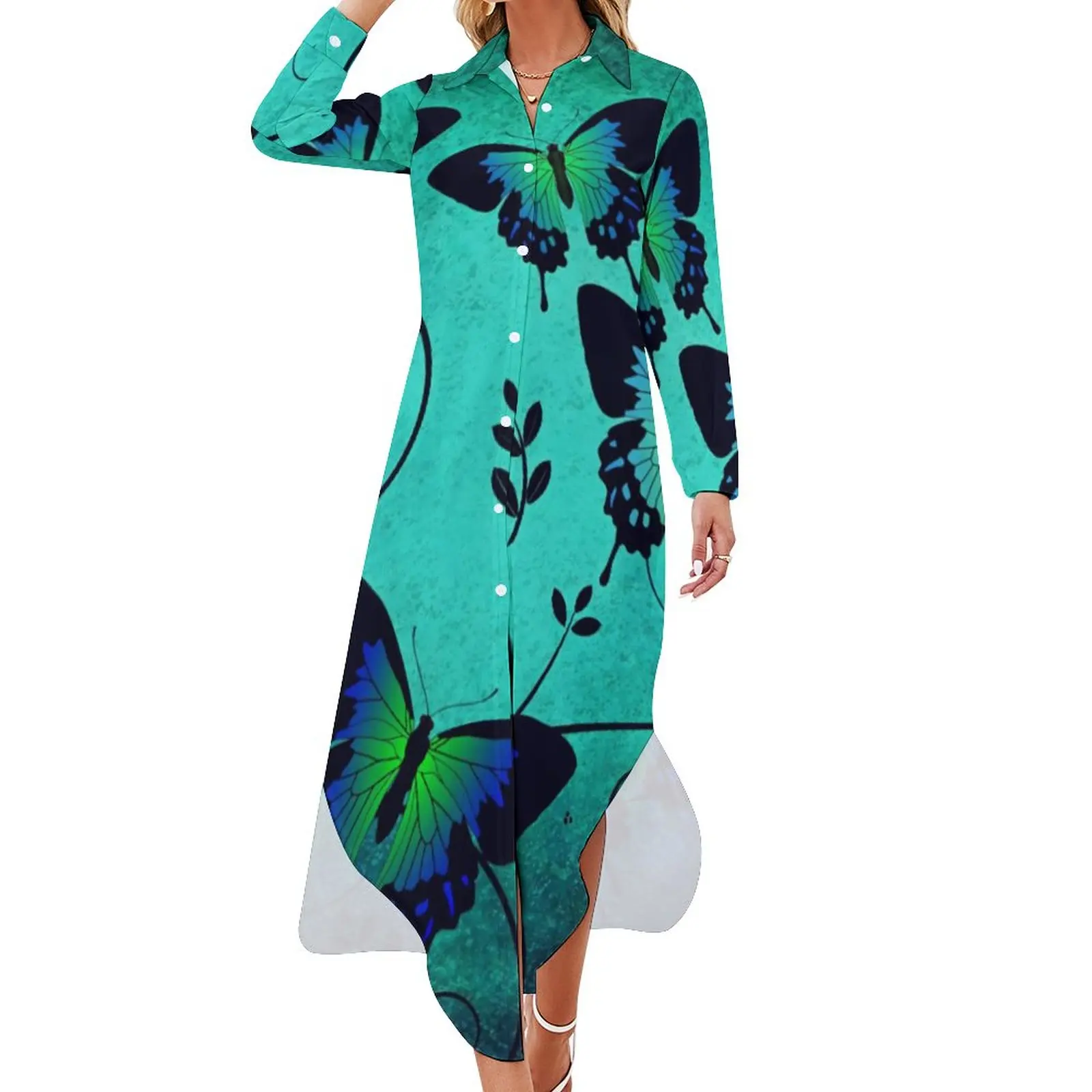 

Butterfly Print Casual Dress Magic Animal Street Wear Dresses Sexy V Neck Elegant Chiffon Dress Long Sleeve Clothes 3XL 4XL 5XL