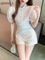 2022 summer womens shorts suit casual fashion ladies wind short puff sleeve top and high waist slim wide leg shorts 2 piece set
