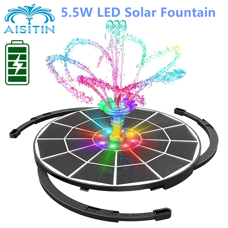 AISITIN 5.5W LED Solar Fountain Pump with Lights for Bird Bath, DIY 100% Glass Solar Panel Powered Water Fountain with 16 Nozzle