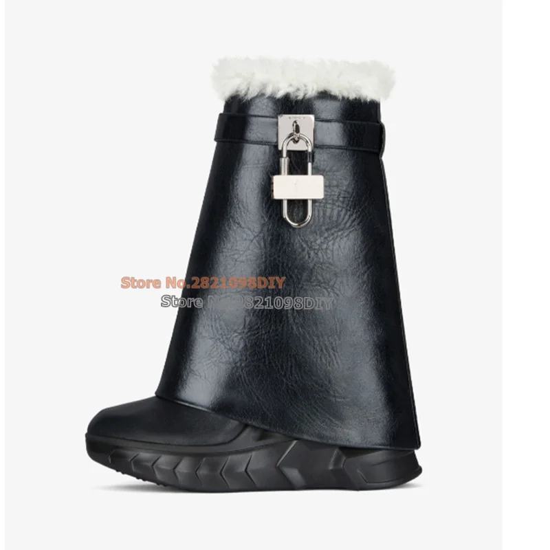 Shark Lock Biker In Leather Black Short Boot Round Toe Fur Insidd Warm Snow Boots Women Height Inreased Ankle Boots Plus Size
