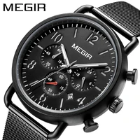 megir sports chronograph quartz watch men black stainless steel mesh strap waterproof luminous mens watches relogio masculino