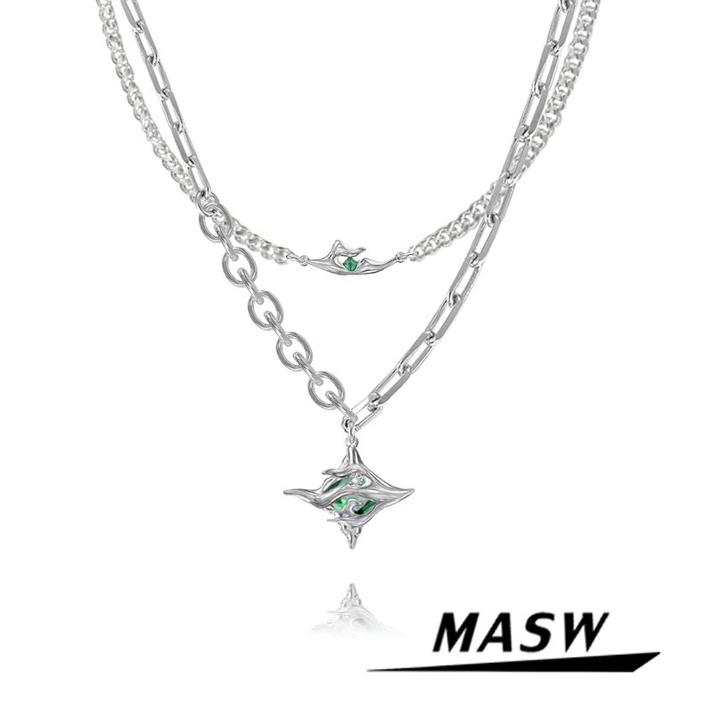 

MASW Fashion Jewelry Geometric Pendant Necklace Women Accessories Original Design Two Layer Thick Silver Color Chain Necklace
