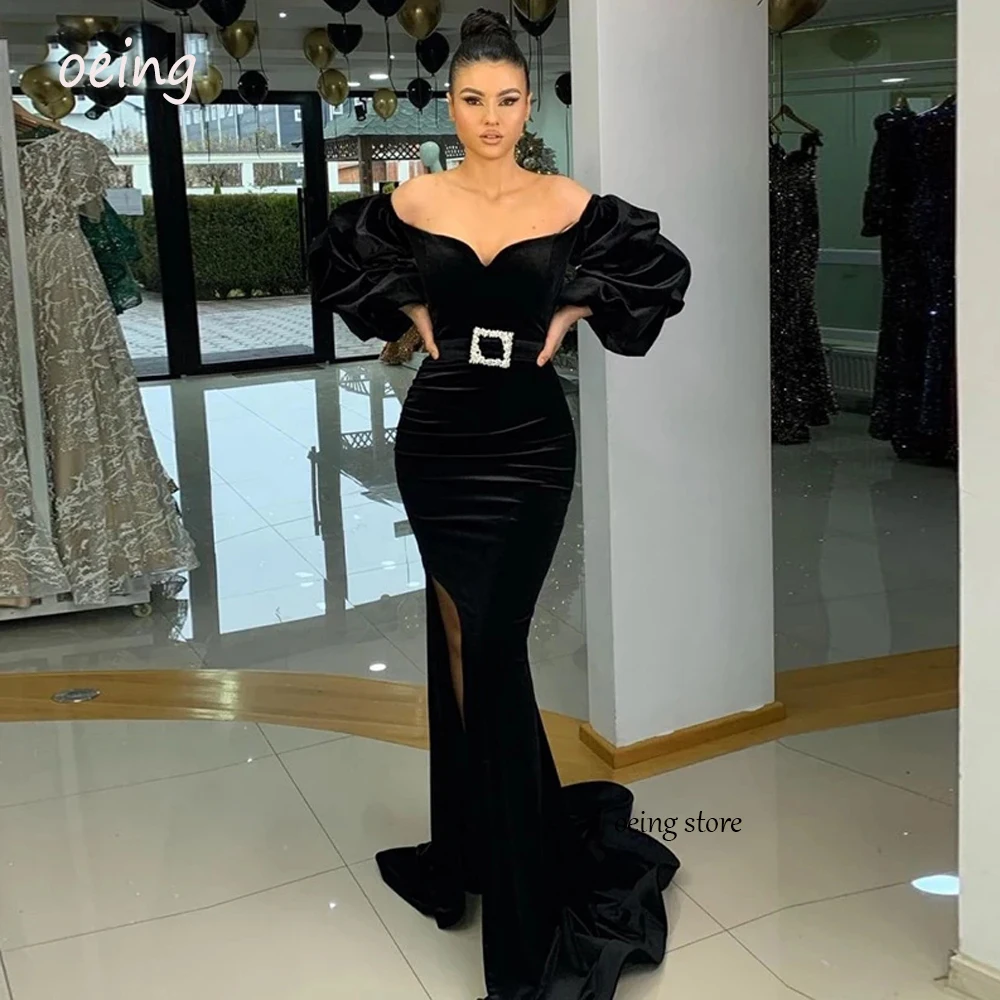 

OEING Black Velvet Mermaid Evening Dresses Puff Long Sleeves Off the Shoulder Dubai Arabic Women Formal Prom Gowns Party Dress