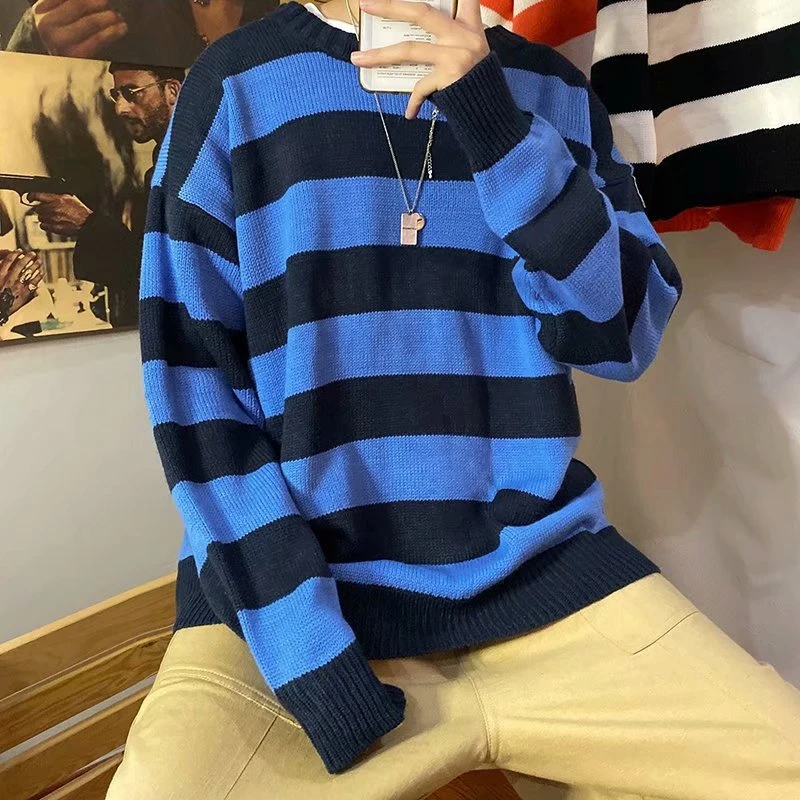 2022 Fashion Spring Autumn Men Clothes O-neck Spliced Striped Sweater Korean Ins Student Handsome Loose Knit Thick Warm Pullover