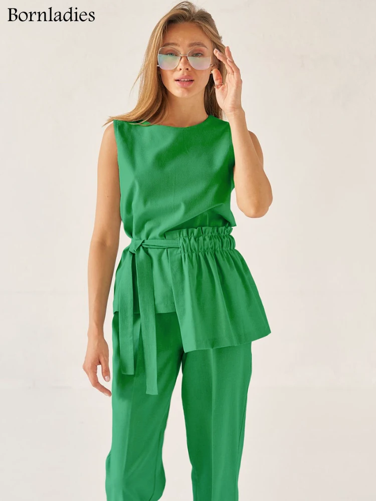 

Bornladies, повседневный уличный костюм из 2 предметов, летний топ с круглым вырезом, асимметричные Зеленые комплекты с поясом, костюмы с эластич...