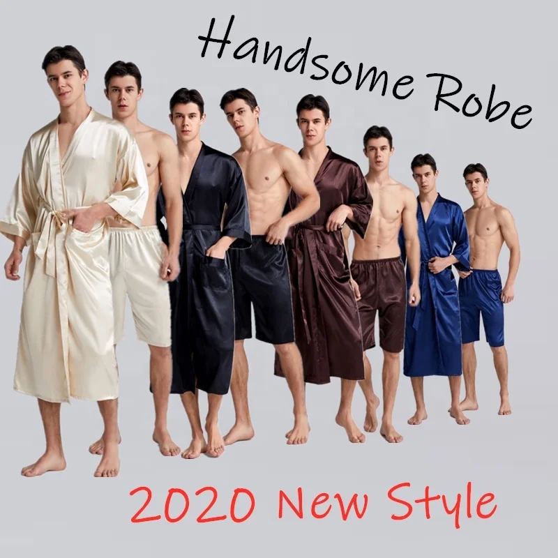 Satin Robe Men Robe with Pants Satin Silk Robe Set Polyester + Spandex Muti Colors Long Robe Bathrobe