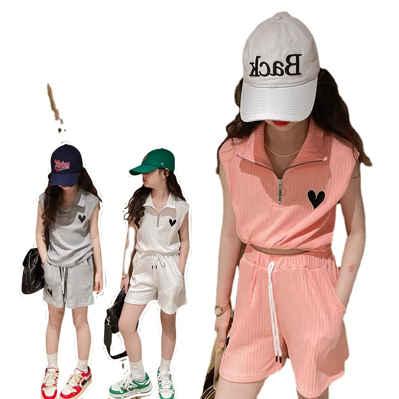 

Girls Fashion Western Style Suit 2022 Summer New Children's Sleeveless Zipper Top Shorts Two-piece Set