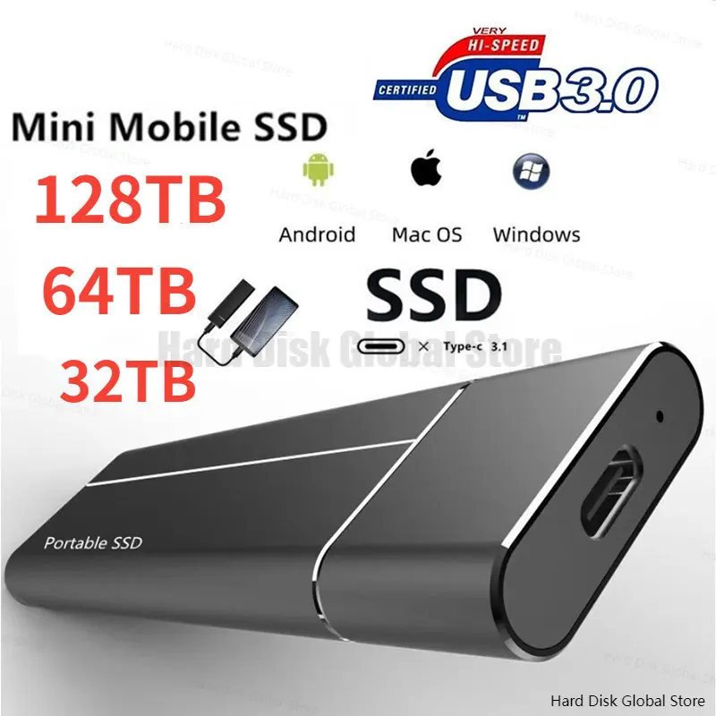 

Brand Mini 2TB 16TB 32TB 64TB 128TB SSD High Speed Hard Disk External M.2 Solid State Disk Mass Storage USB 3.1 Type-C Interface