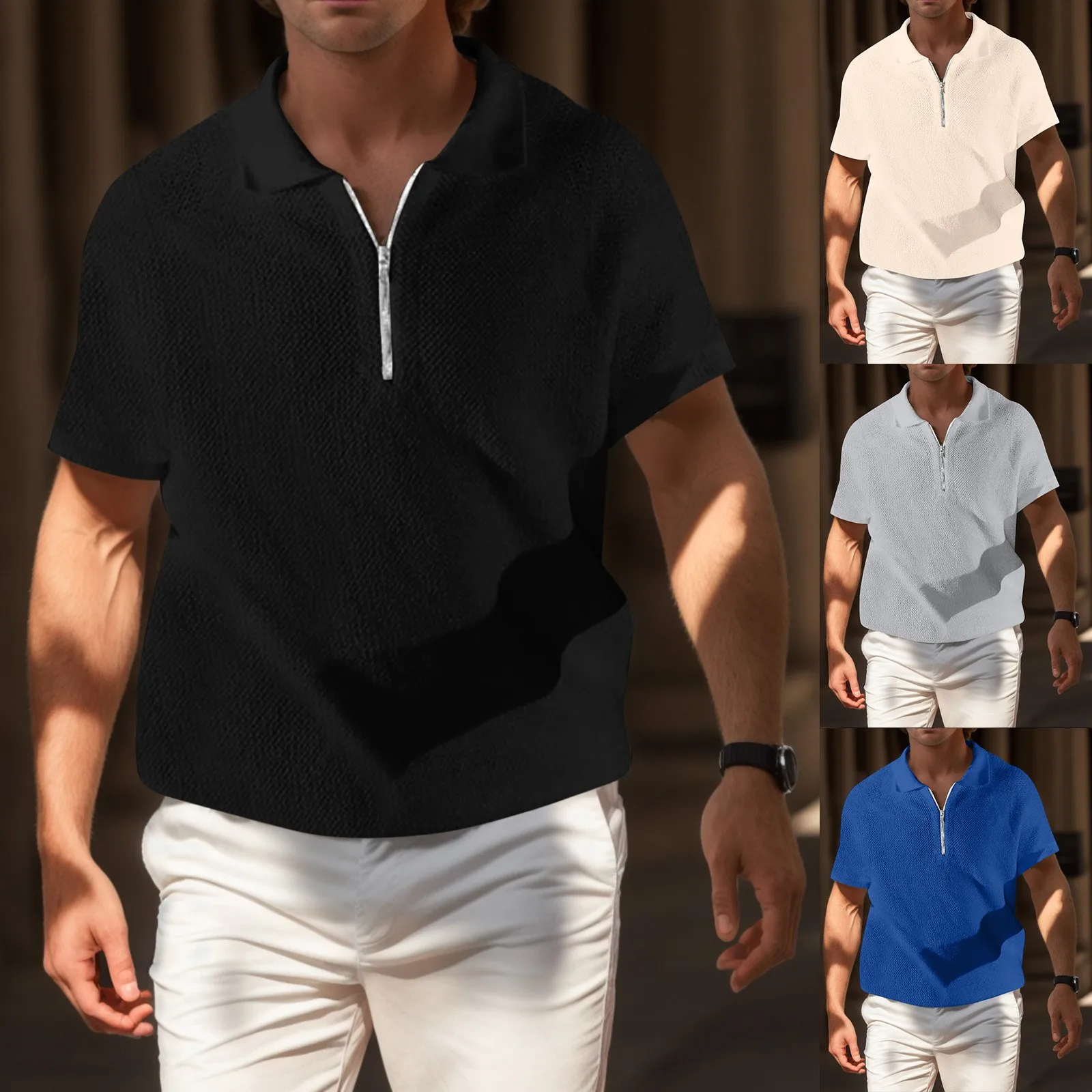 

Мужская футболка на молнии с воротником и коротким рукавом, свободные Вязаные Короткие мужские футболки, мужские футболки, мужские футболки для высоких мужчин