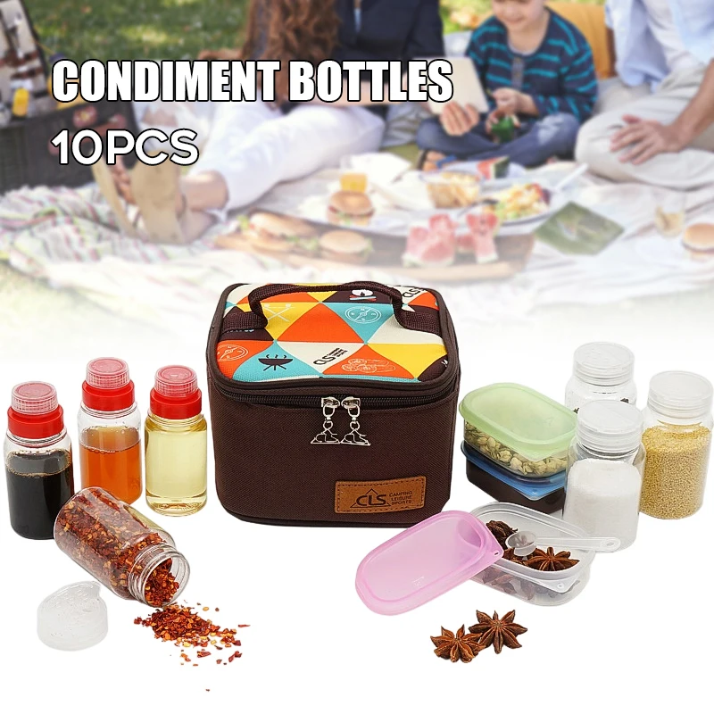 

10PCS/Set Seasoning Bottle Portable BBQ Spice Sauce Container Set with Storage Bag for Outdoor Camping Traveling Picnic