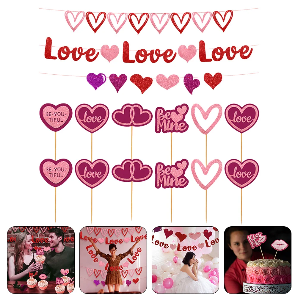 

Valentine Day S Banner Party Heart Decoration Hanging Flag Pattern Love Toppers String Cupcake Banners Glitter Decor Garland