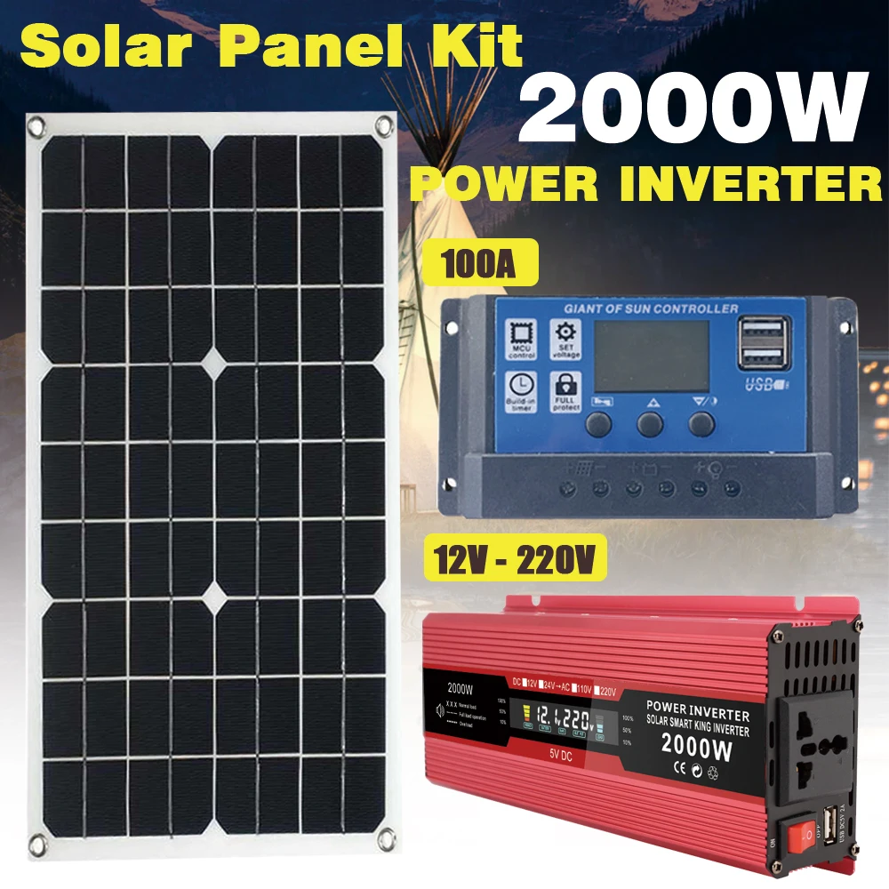 

2000W Universal 12V to 220V Solar Power Generation System 30W Vehicle Power Inverter 100A Blue Controller LCD Display Dual USB