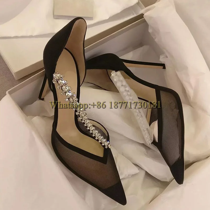 

6cm 8cm 10cm Oblique Rhinestone Pointed Toe Stiletto Sandals Woman Summer 2022 Mesh Black Sexy Banquet High Heels Women's Shoes