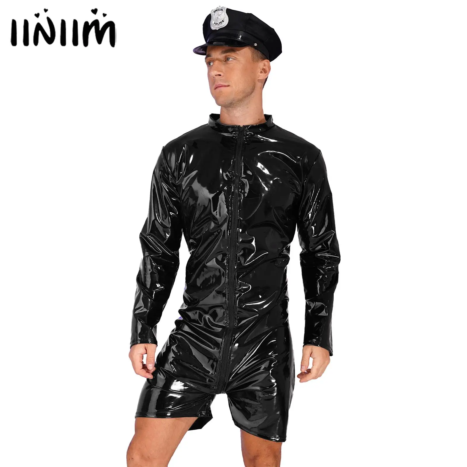 

Mens Captain Hat Policeman Cosplay Costumes Zipper Jumpsuit with Police Patent Leather Long Sleeve Mock Neck Wet Look Clubwear