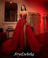 red split prom dresses sexy sweetheart lace appliqued beaded formal evening gowns a line vestidos de soiree