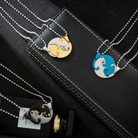1pair gold color black blue fashion splice cat shape pendant unisex stainless steel necklace for lovers men women gift wholesale